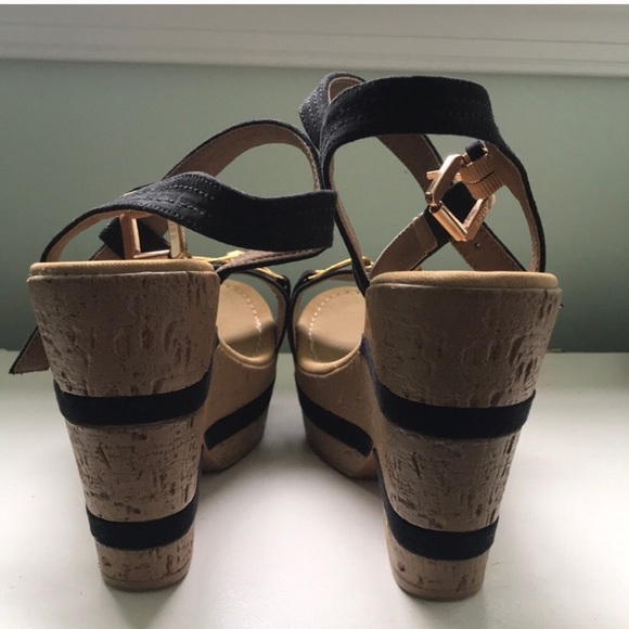 Cork Ankle T-strap Striped Wedges - Picture 4 of 5